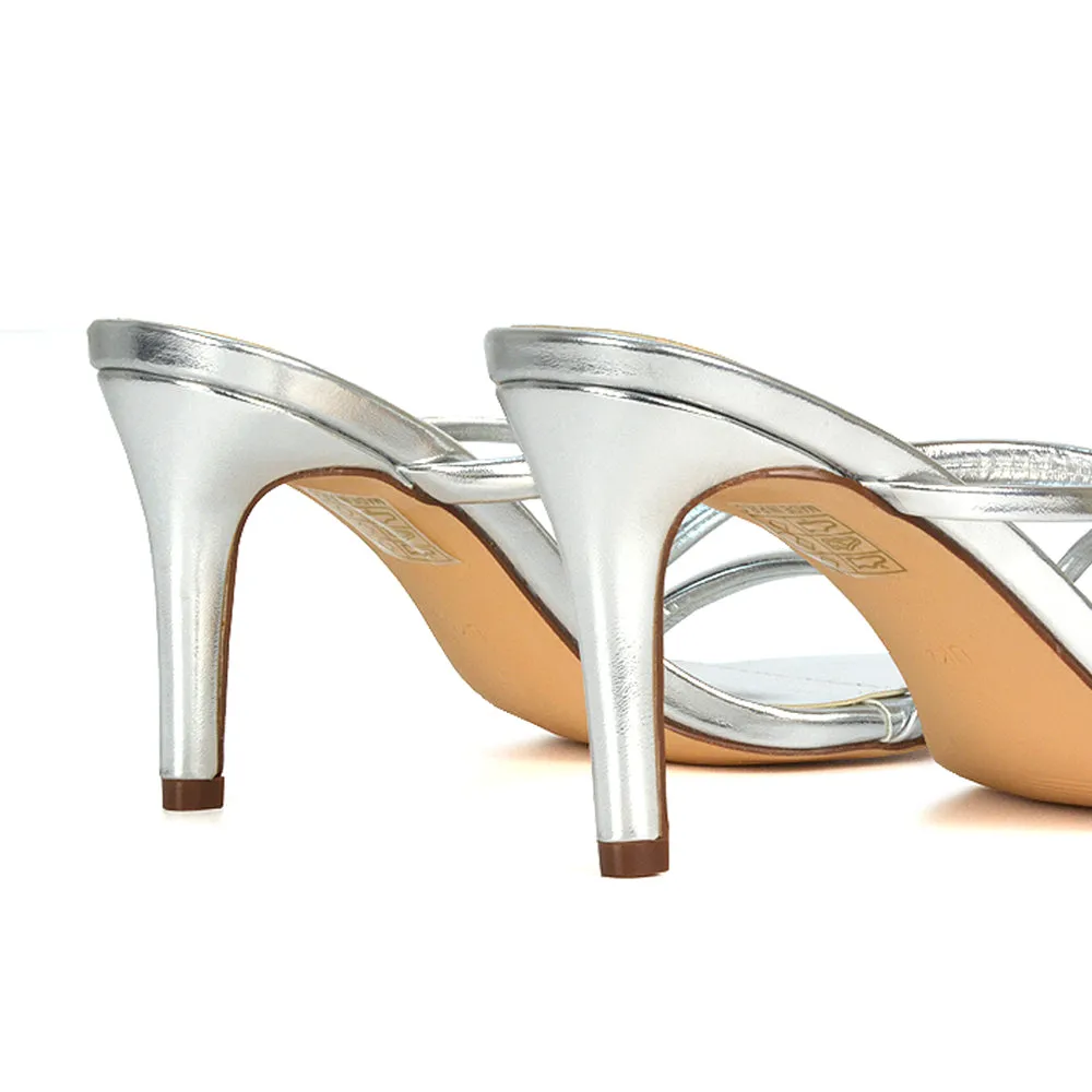 Angie Slip On Mid Heel Stiletto Mule Women's Heeled Sandals For Holiday in Silver Metallic sold by XYlondon product image thumbnail 2