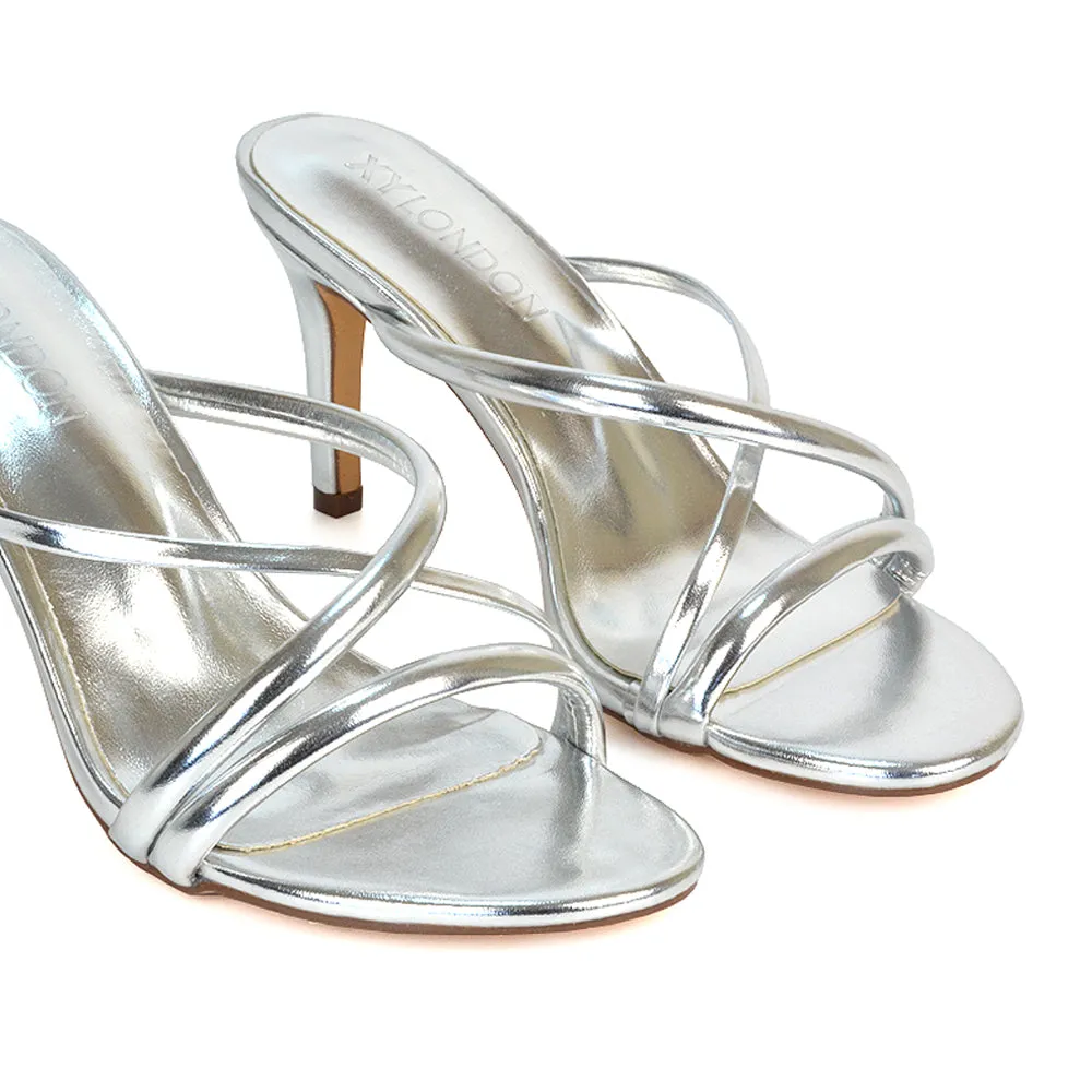Angie Slip On Mid Heel Stiletto Mule Women's Heeled Sandals For Holiday in Silver Metallic sold by XYlondon product image thumbnail 3