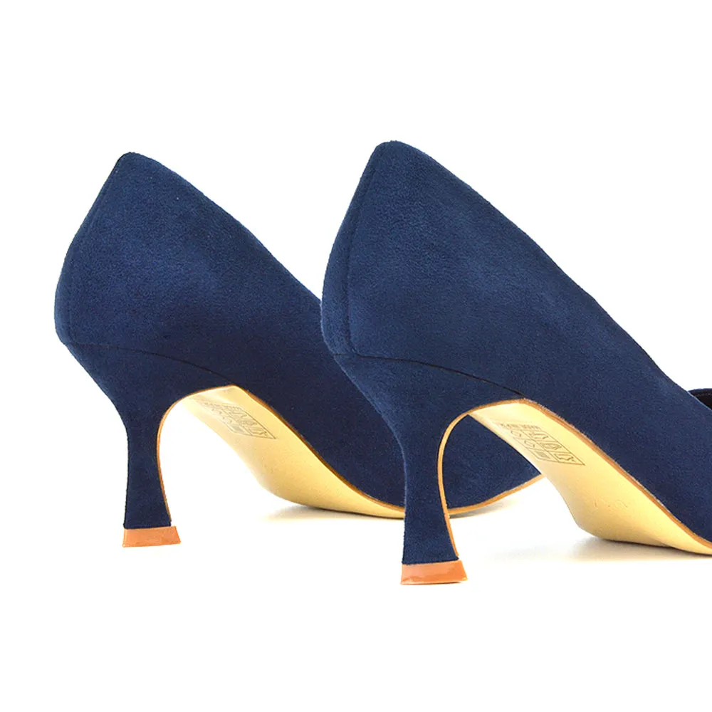 Darla Pointed Toe Mid Stiletto Heel Slip On Court Shoes in Navy Faux Suede sold by XYlondon product image thumbnail 3