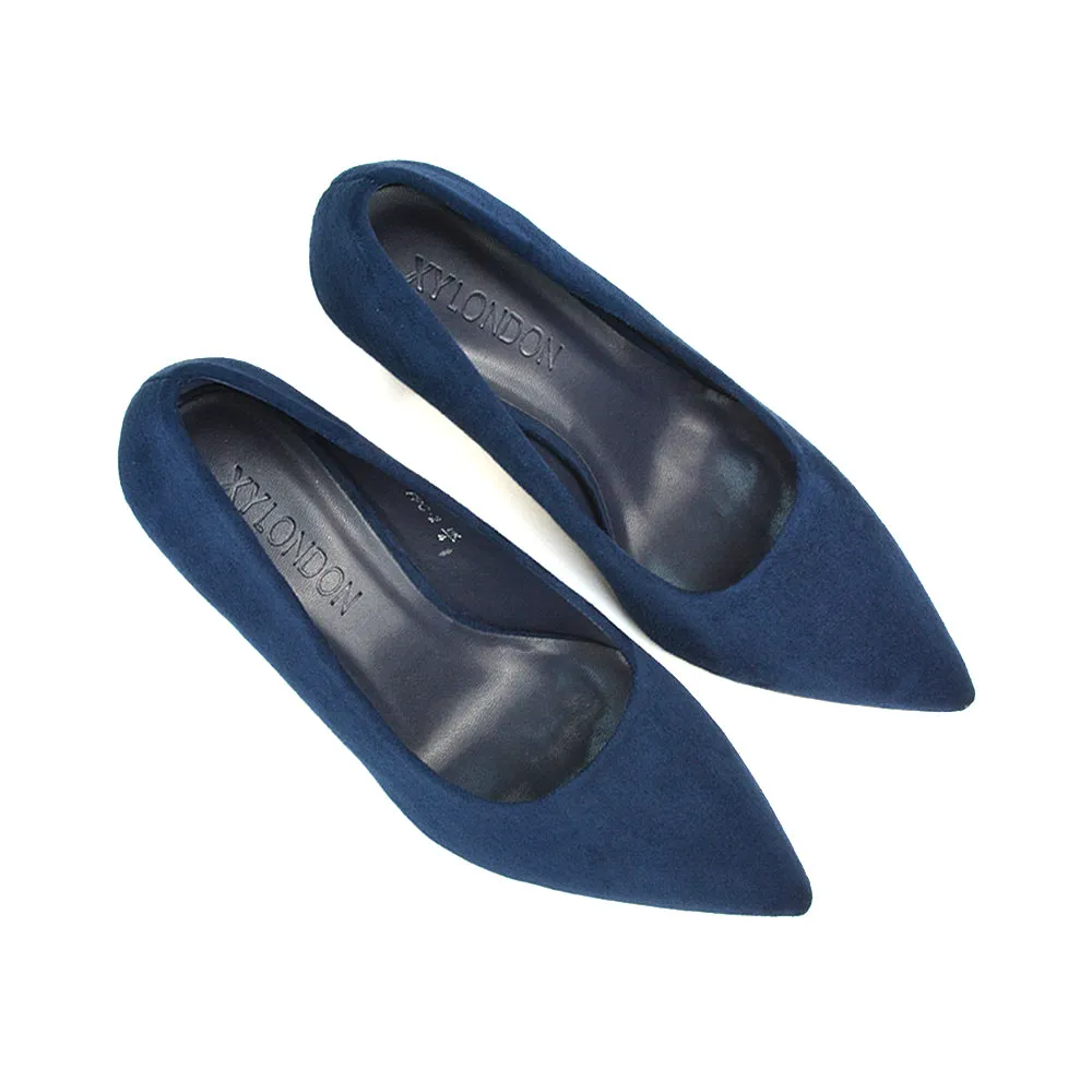 Darla Pointed Toe Mid Stiletto Heel Slip On Court Shoes in Navy Faux Suede sold by XYlondon product image thumbnail 4