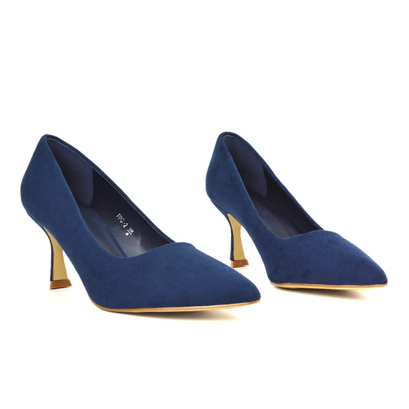 Darla Pointed Toe Mid Stiletto Heel Slip On Court Shoes in Navy Faux Suede sold by XYlondon