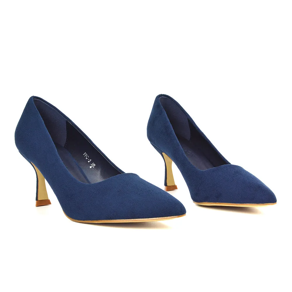 Darla Pointed Toe Mid Stiletto Heel Slip On Court Shoes in Navy Faux Suede sold by XYlondon