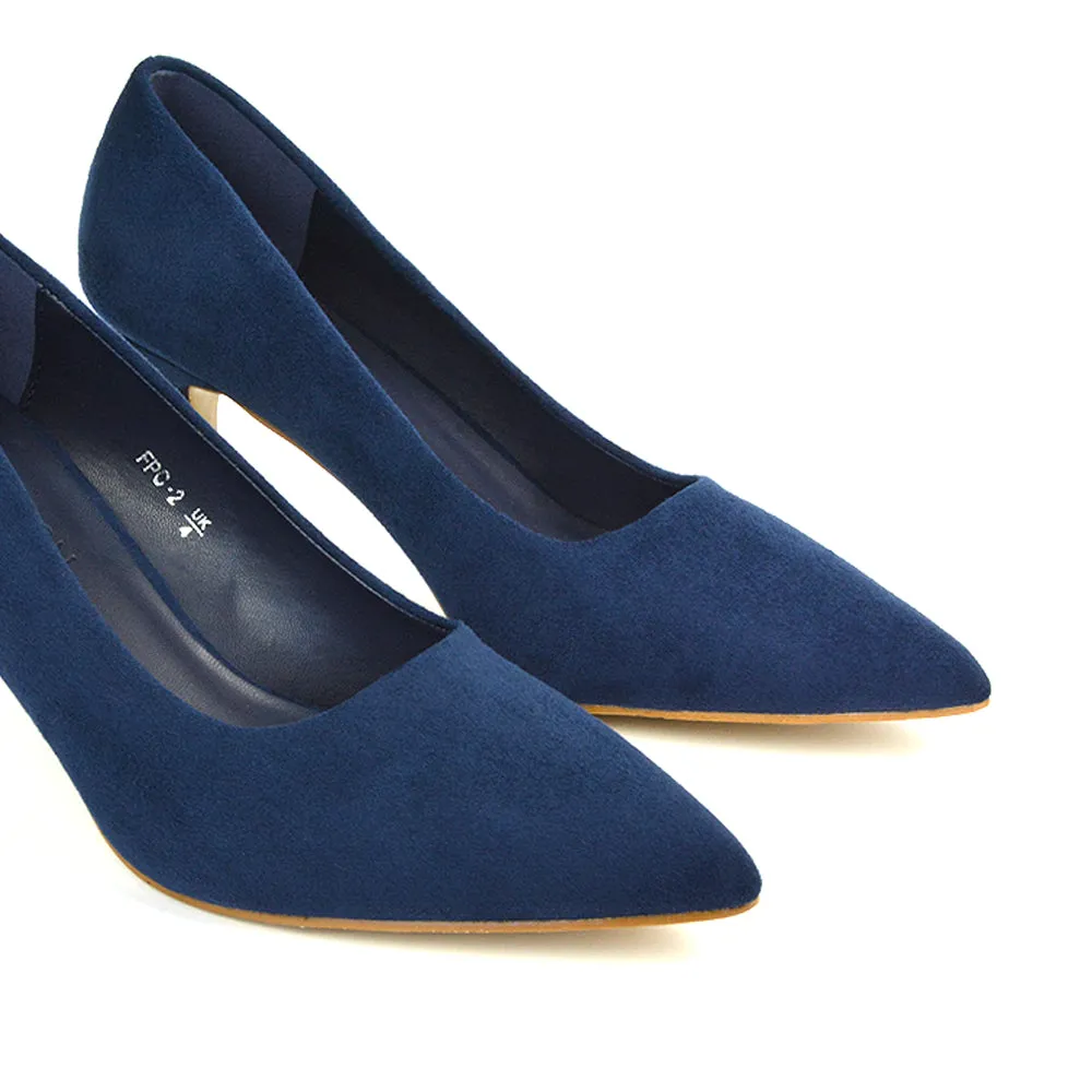 Darla Pointed Toe Mid Stiletto Heel Slip On Court Shoes in Navy Faux Suede sold by XYlondon product image thumbnail 5