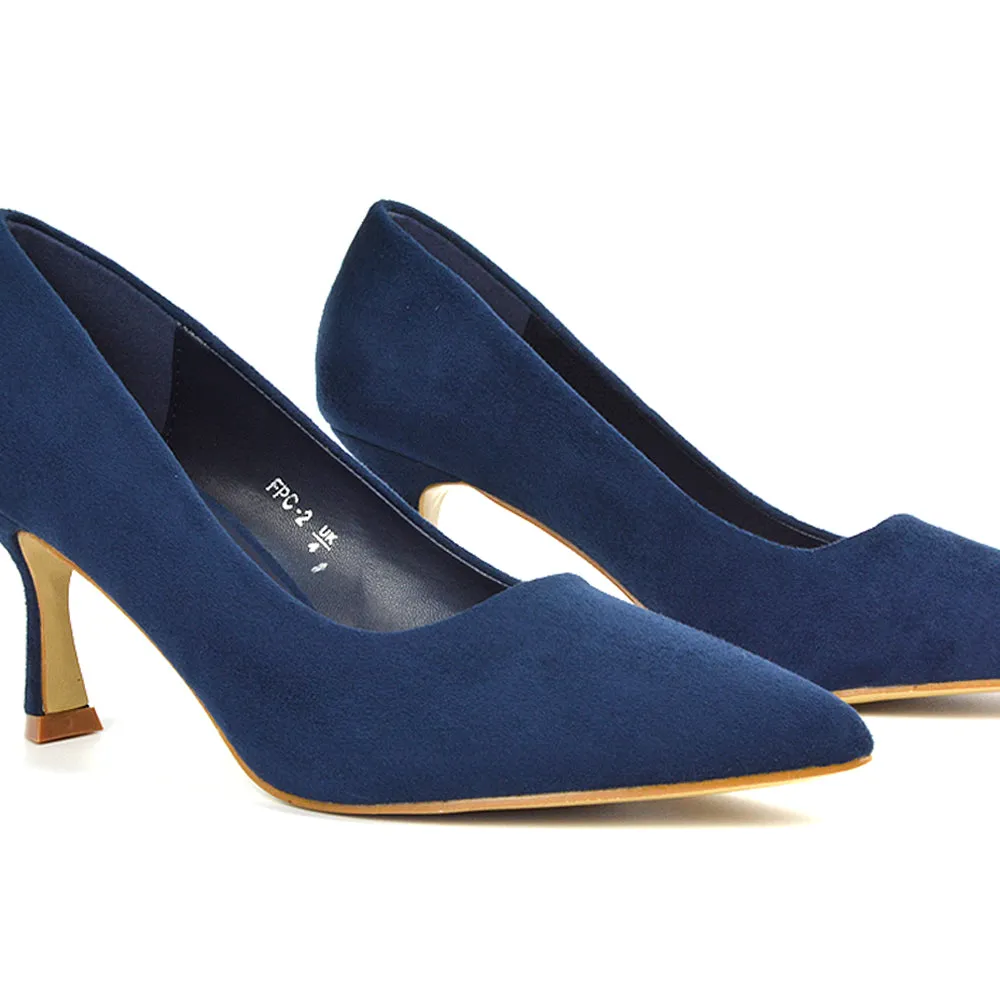 Darla Pointed Toe Mid Stiletto Heel Slip On Court Shoes in Navy Faux Suede sold by XYlondon product image thumbnail 2