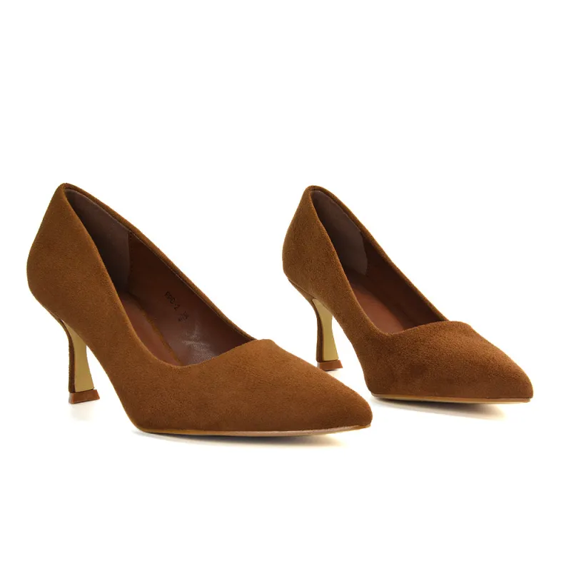 Darla Pointed Toe Mid Stiletto Heel Slip On Court Shoes in Brown Faux Suede sold by XYlondon