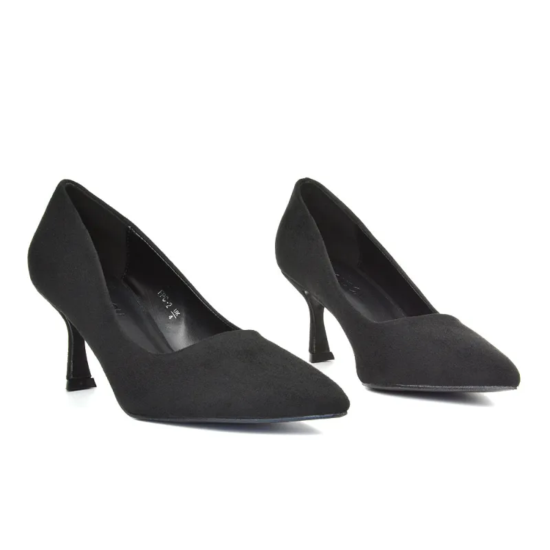 Darla Pointed Toe Mid Stiletto Heel Slip On Court Shoes in Black Faux Suede sold by XYlondon