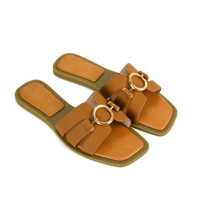 Char Slip On Flat Holiday Sandals Square Toe Gold Buckle Summer Slides in Tan sold by XYlondon