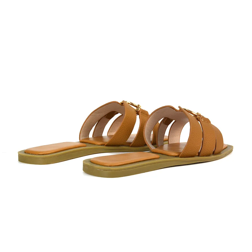 Char Slip On Flat Holiday Sandals Square Toe Gold Buckle Summer Slides in Tan sold by XYlondon product image thumbnail 5