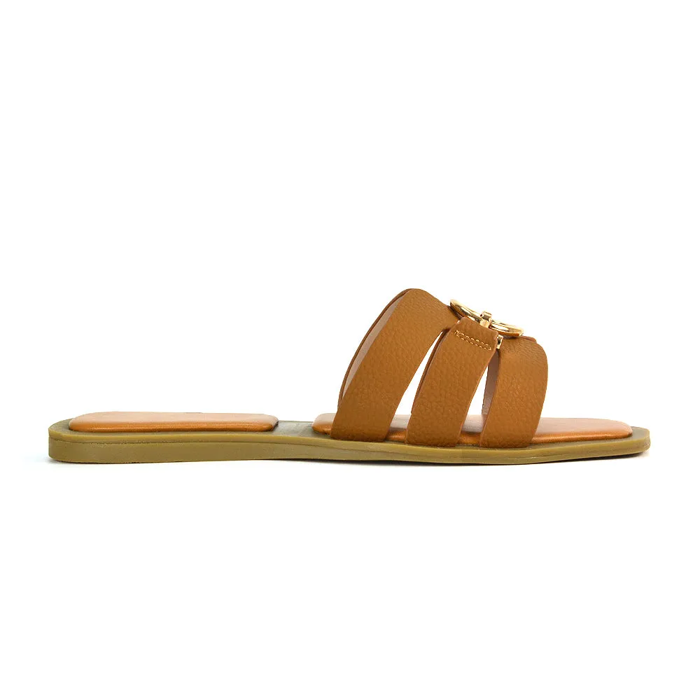 Char Slip On Flat Holiday Sandals Square Toe Gold Buckle Summer Slides in Tan sold by XYlondon product image thumbnail 4