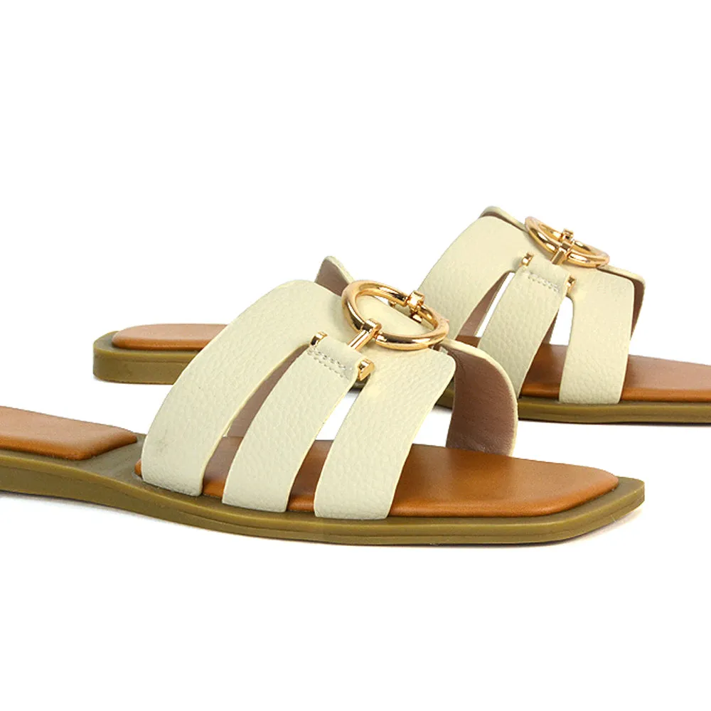 Char Slip On Flat Holiday Sandals Square Toe Gold Buckle Summer Slides in Putty sold by XYlondon product image thumbnail 2