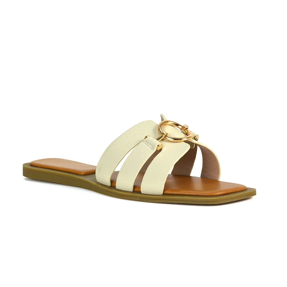 Char Slip On Flat Holiday Sandals Square Toe Gold Buckle Summer Slides in Putty sold by XYlondon product image thumbnail 3