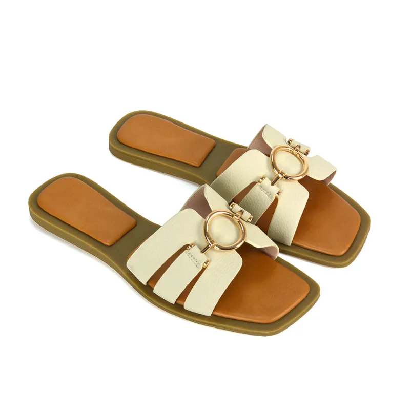 Char Slip On Flat Holiday Sandals Square Toe Gold Buckle Summer Slides in Putty sold by XYlondon
