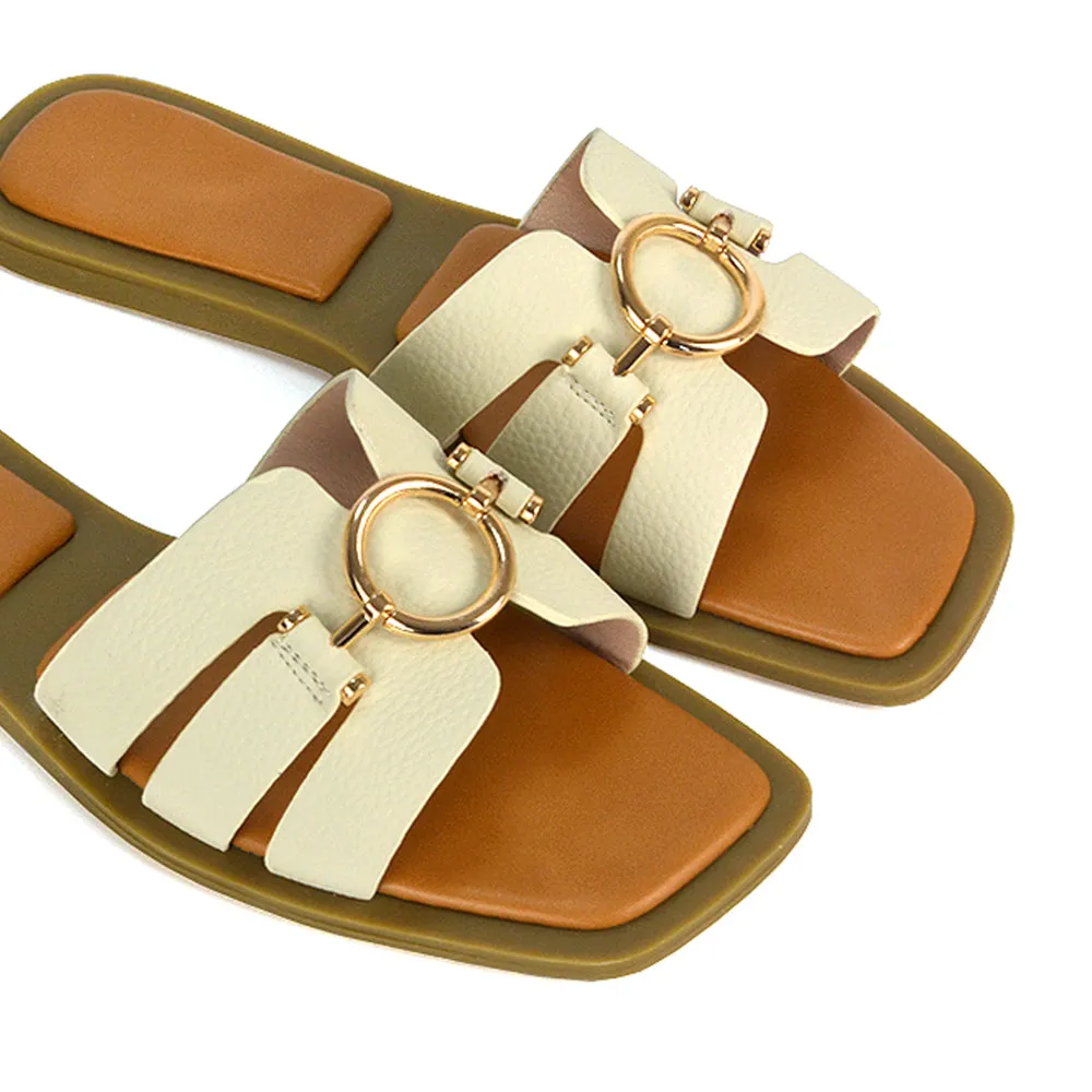 Char Slip On Flat Holiday Sandals Square Toe Gold Buckle Summer Slides in Putty sold by XYlondon product image thumbnail 5