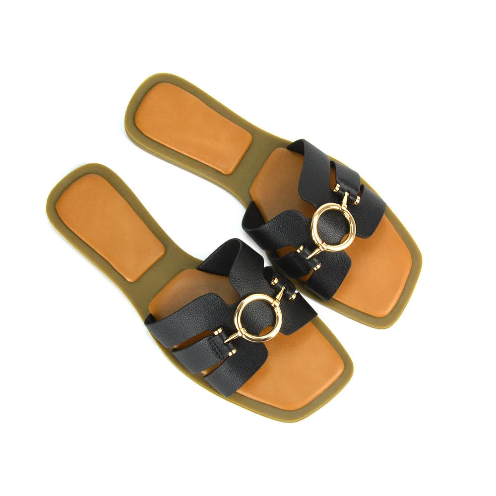 Char Slip On Flat Holiday Sandals Square Toe Gold Buckle Summer Slides in Black sold by XYlondon product image thumbnail 3