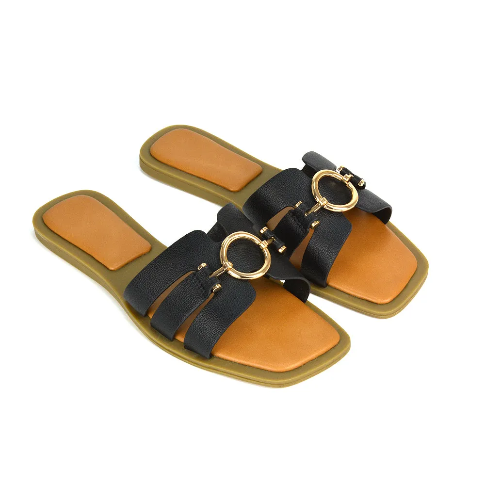 Char Slip On Flat Holiday Sandals Square Toe Gold Buckle Summer Slides in Black sold by XYlondon