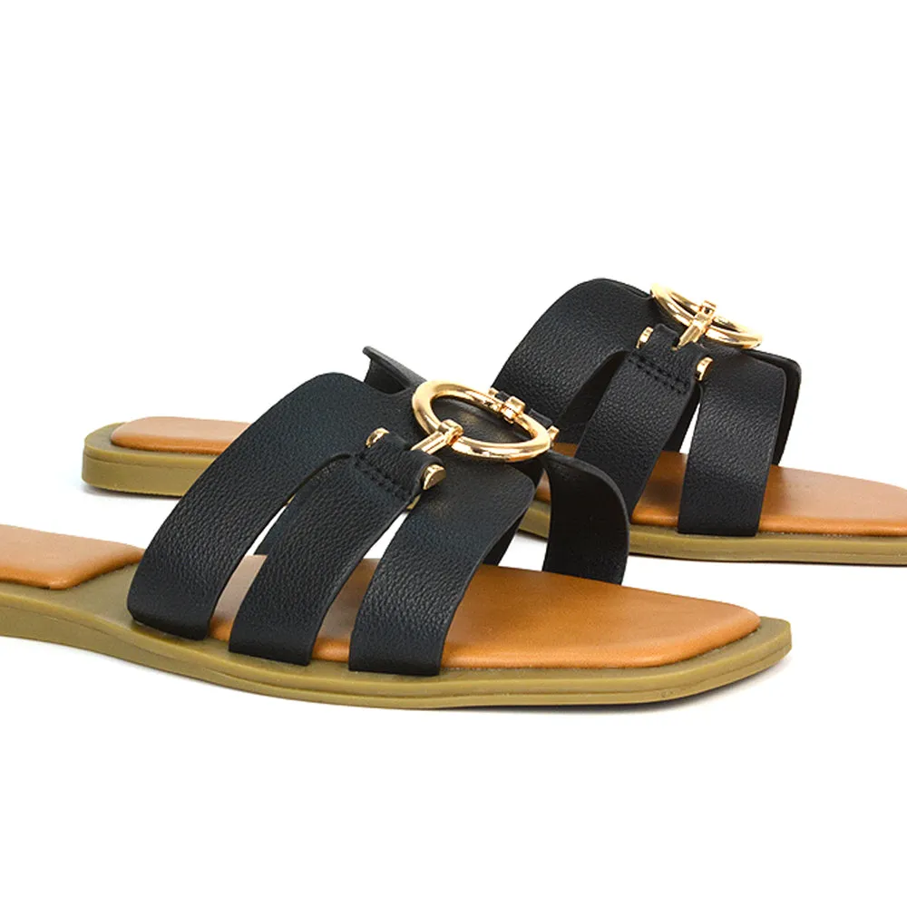 Char Slip On Flat Holiday Sandals Square Toe Gold Buckle Summer Slides in Black sold by XYlondon product image thumbnail 4