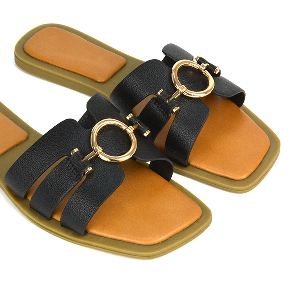 Char Slip On Flat Holiday Sandals Square Toe Gold Buckle Summer Slides in Black sold by XYlondon product image thumbnail 5