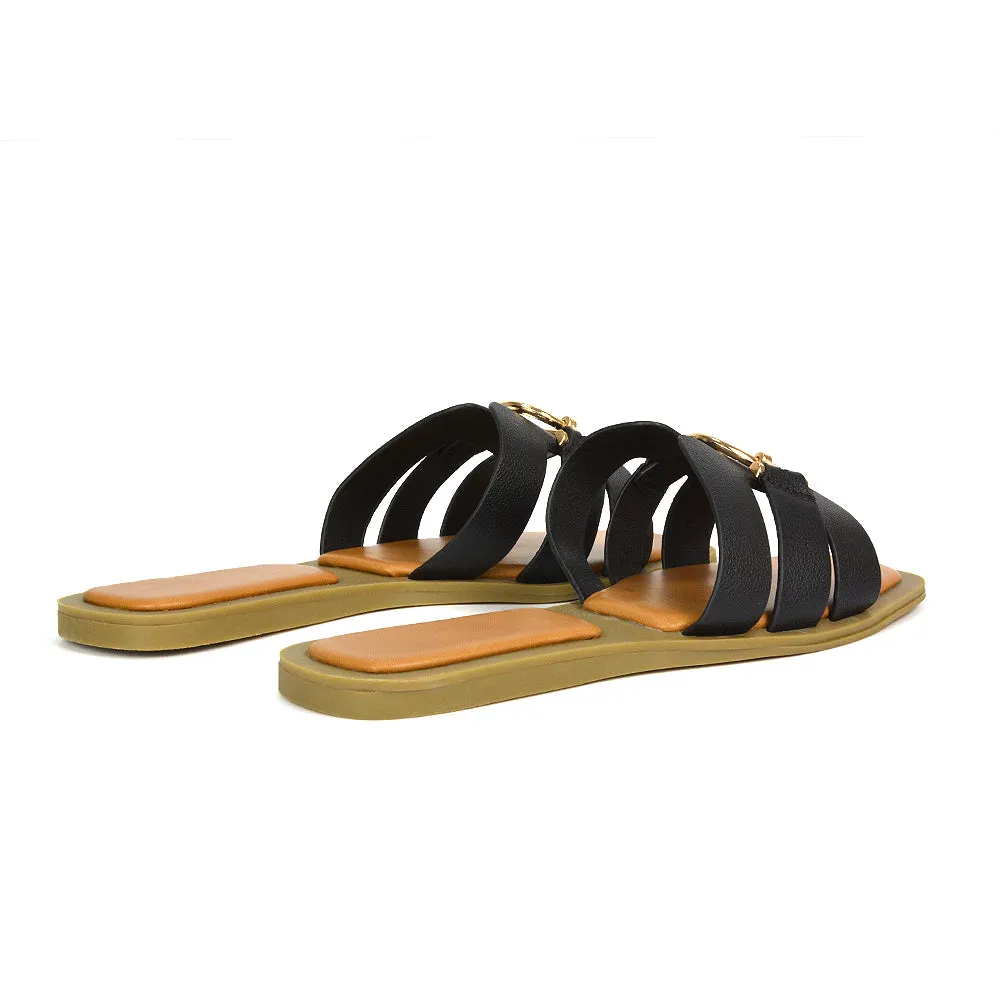 Char Slip On Flat Holiday Sandals Square Toe Gold Buckle Summer Slides in Black sold by XYlondon product image thumbnail 2
