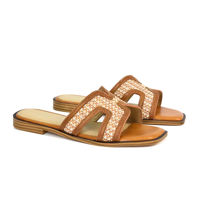 Lola Cut Out Strap Flat Summer Slip On Holiday Slides in Camel sold by XYlondon