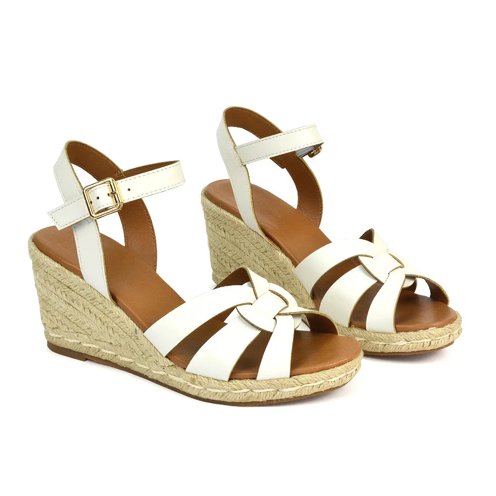 Kylie Wedge Heel Ankle Strap Espadrille Sandals in White sold by XYlondon