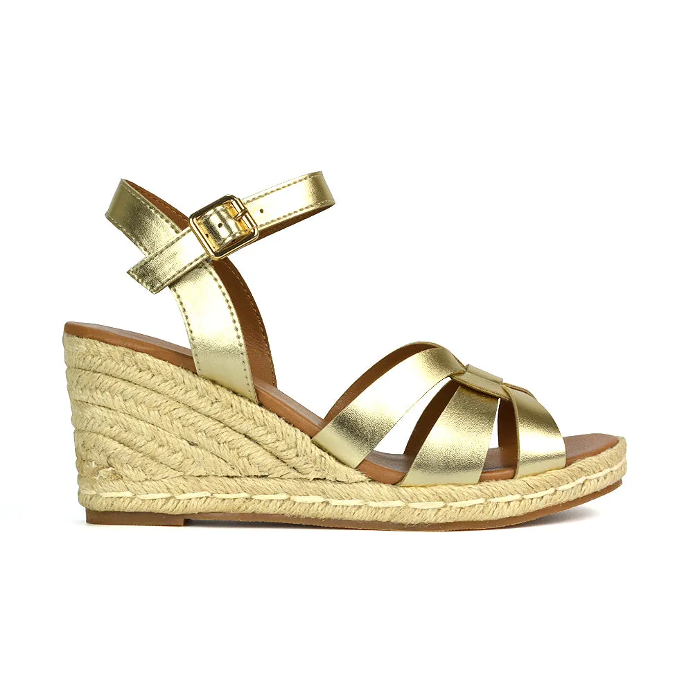 Kylie Wedge Heel Ankle Strap Espadrille Sandals in Gold sold by XYlondon product image thumbnail 4