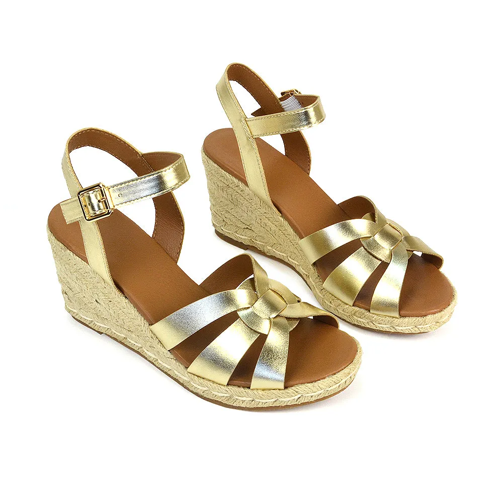 Kylie Wedge Heel Ankle Strap Espadrille Sandals in Gold sold by XYlondon product image thumbnail 3