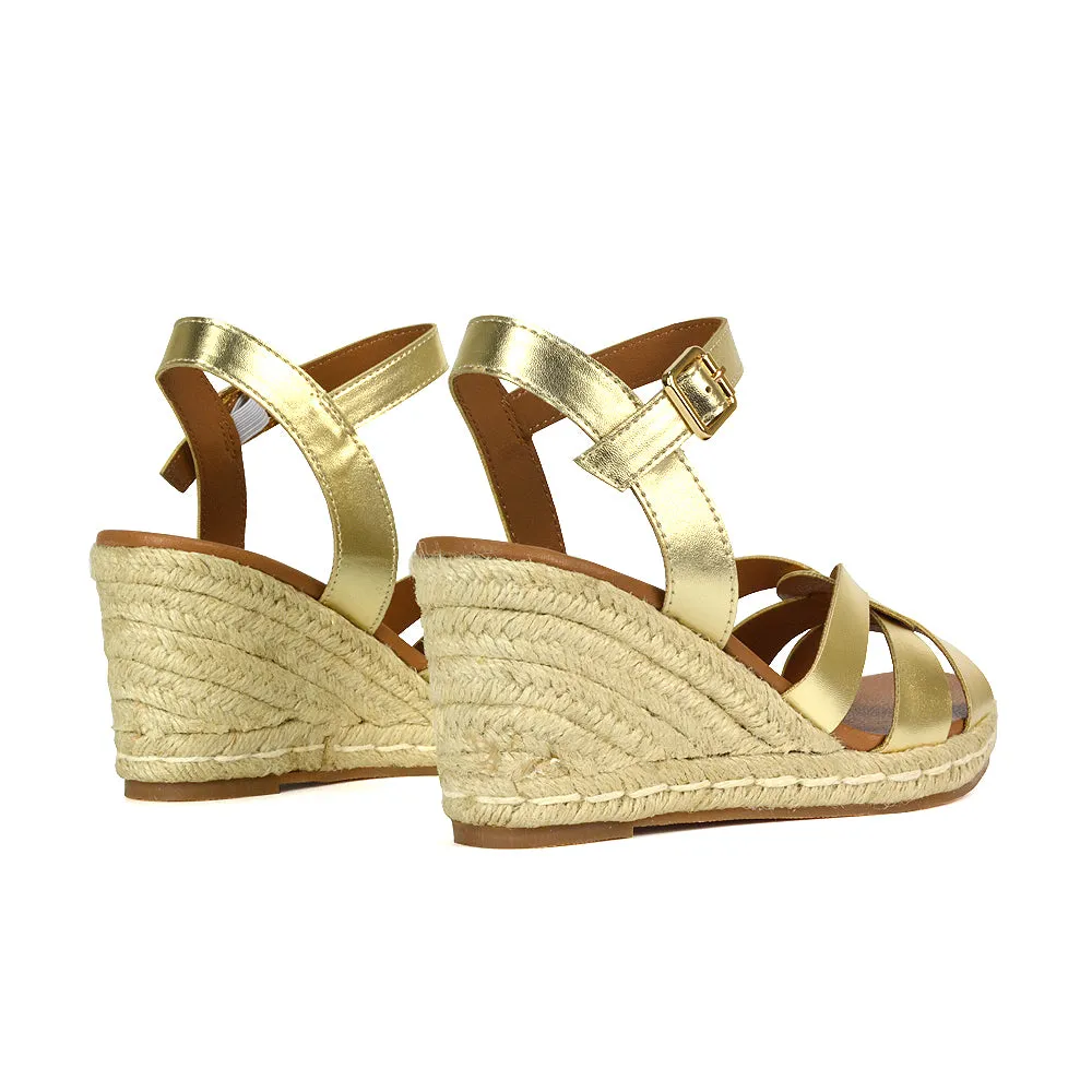 Kylie Wedge Heel Ankle Strap Espadrille Sandals in Gold sold by XYlondon product image thumbnail 5