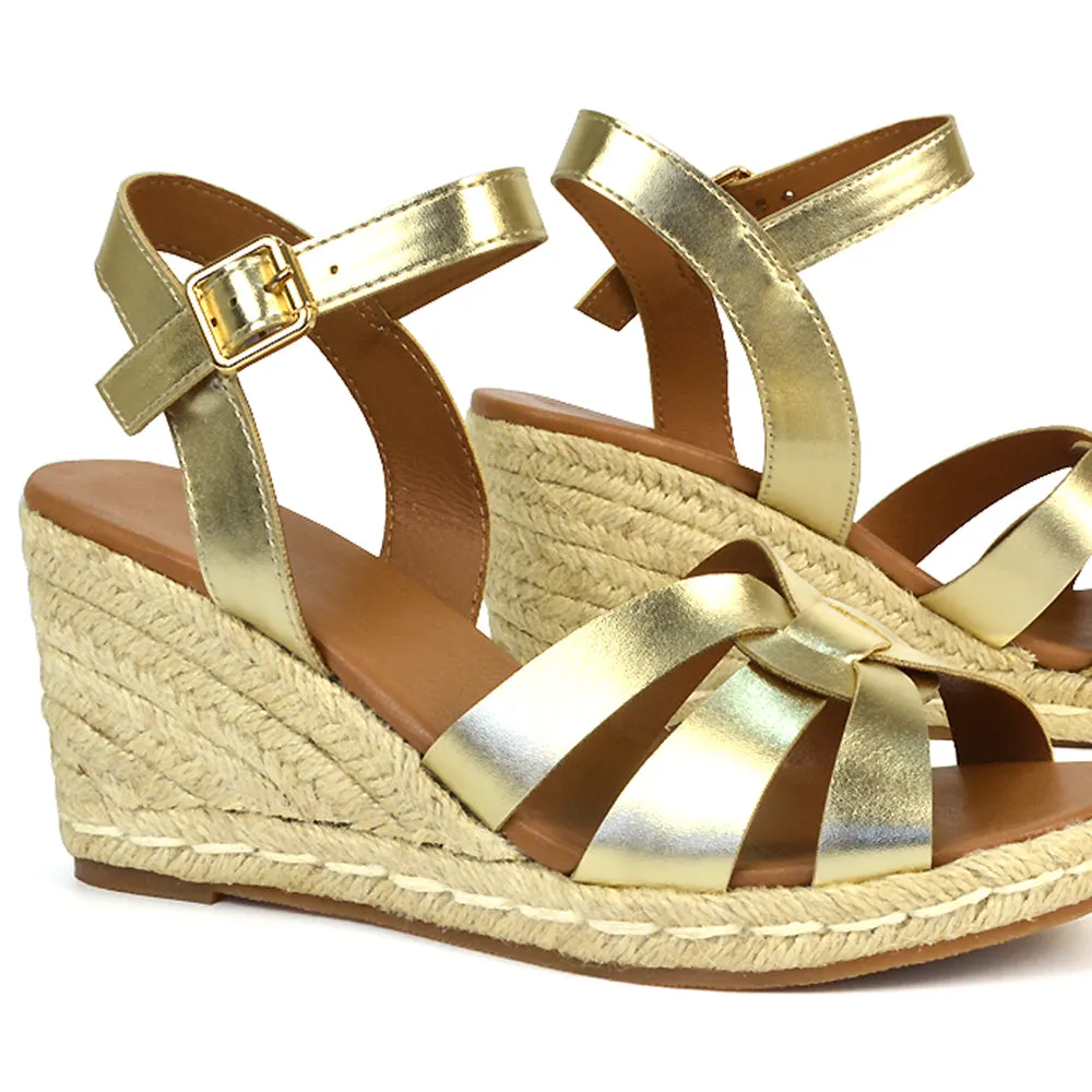 Kylie Wedge Heel Ankle Strap Espadrille Sandals in Gold sold by XYlondon product image thumbnail 2