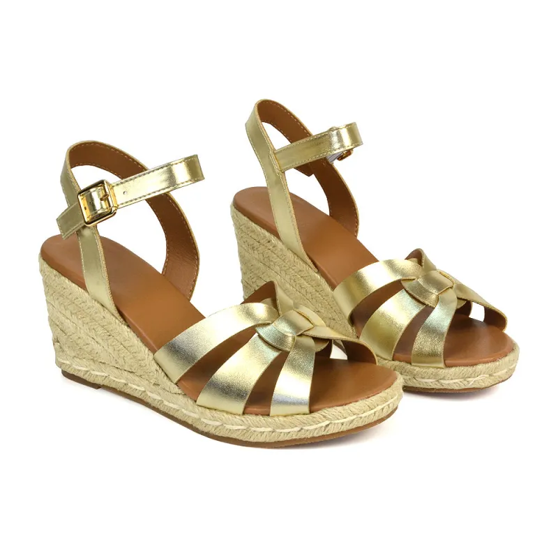 Kylie Wedge Heel Ankle Strap Espadrille Sandals in Gold sold by XYlondon