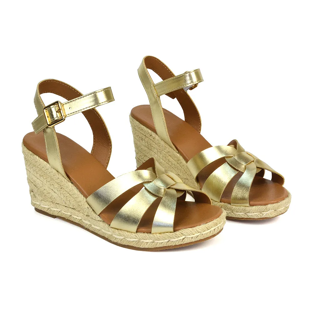 Kylie Wedge Heel Ankle Strap Espadrille Sandals in Gold sold by XYlondon