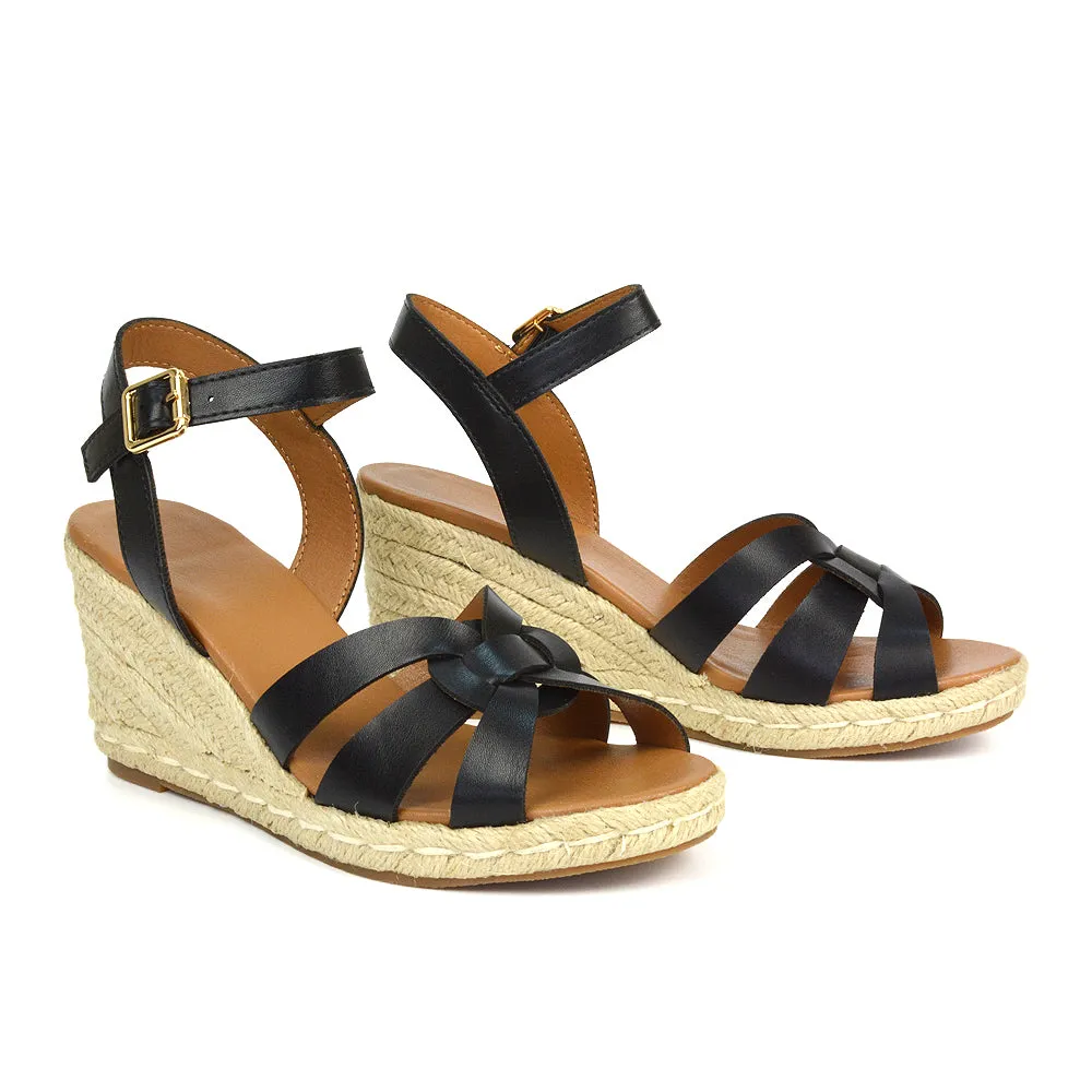 Kylie Wedge Heel Ankle Strap Espadrille Sandals in Black sold by XYlondon
