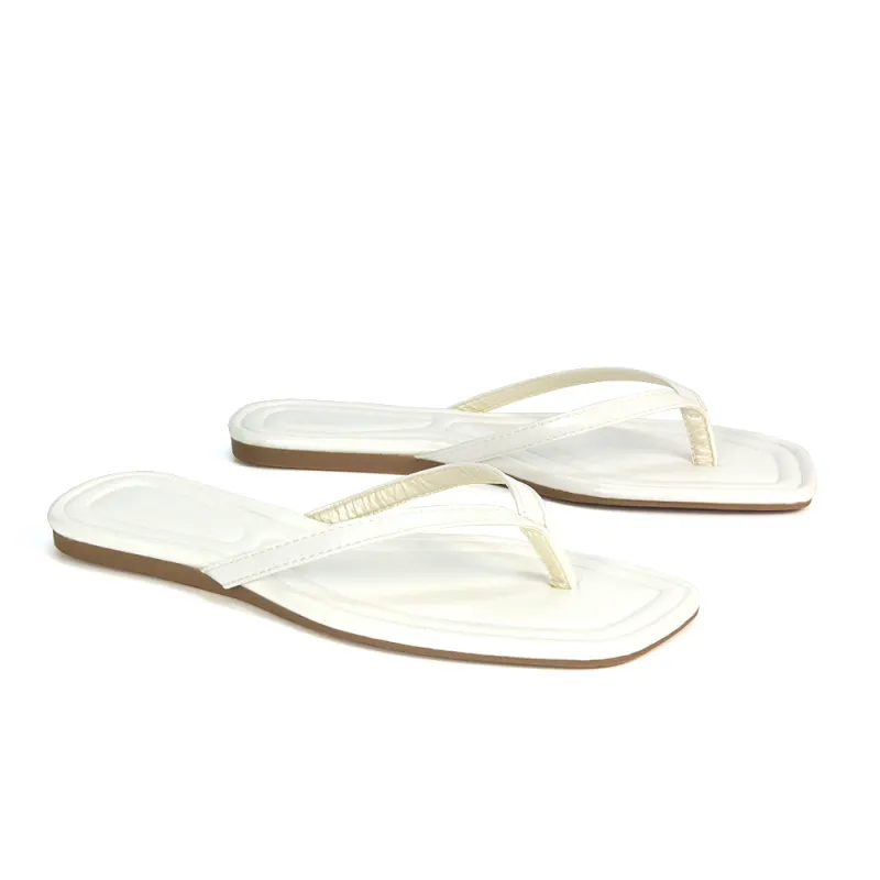 Rosie Flip Flop Square Toe Slip On Summer Flat Sandal Slides in White sold by XYlondon