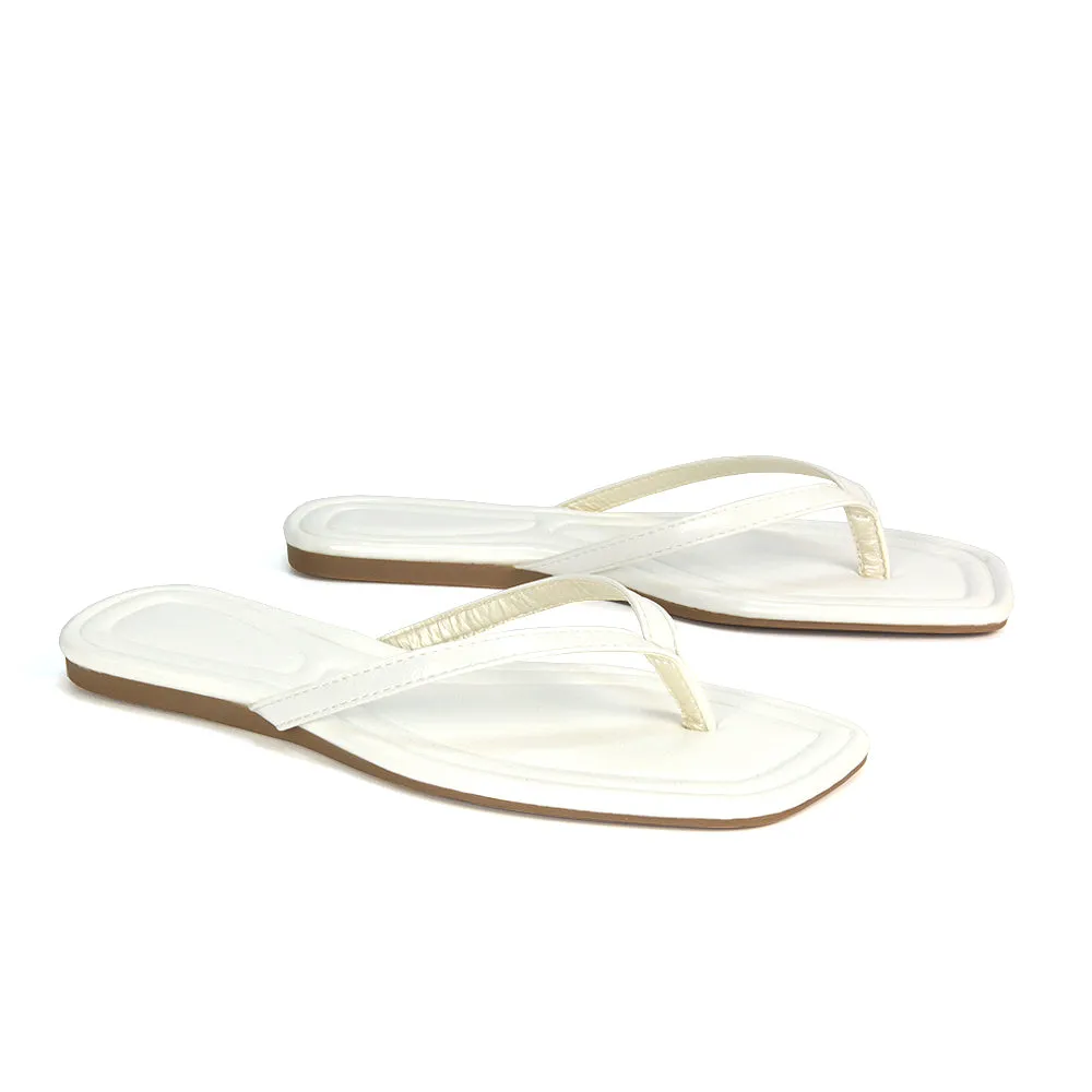 Rosie Flip Flop Square Toe Slip On Summer Flat Sandal Slides in White sold by XYlondon