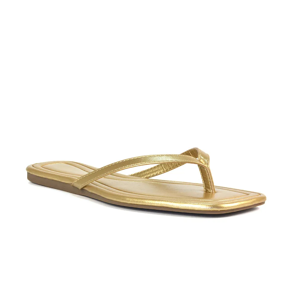 Rosie Flip Flop Square Toe Slip On Summer Flat Sandal Slides in Gold sold by XYlondon product image thumbnail 4