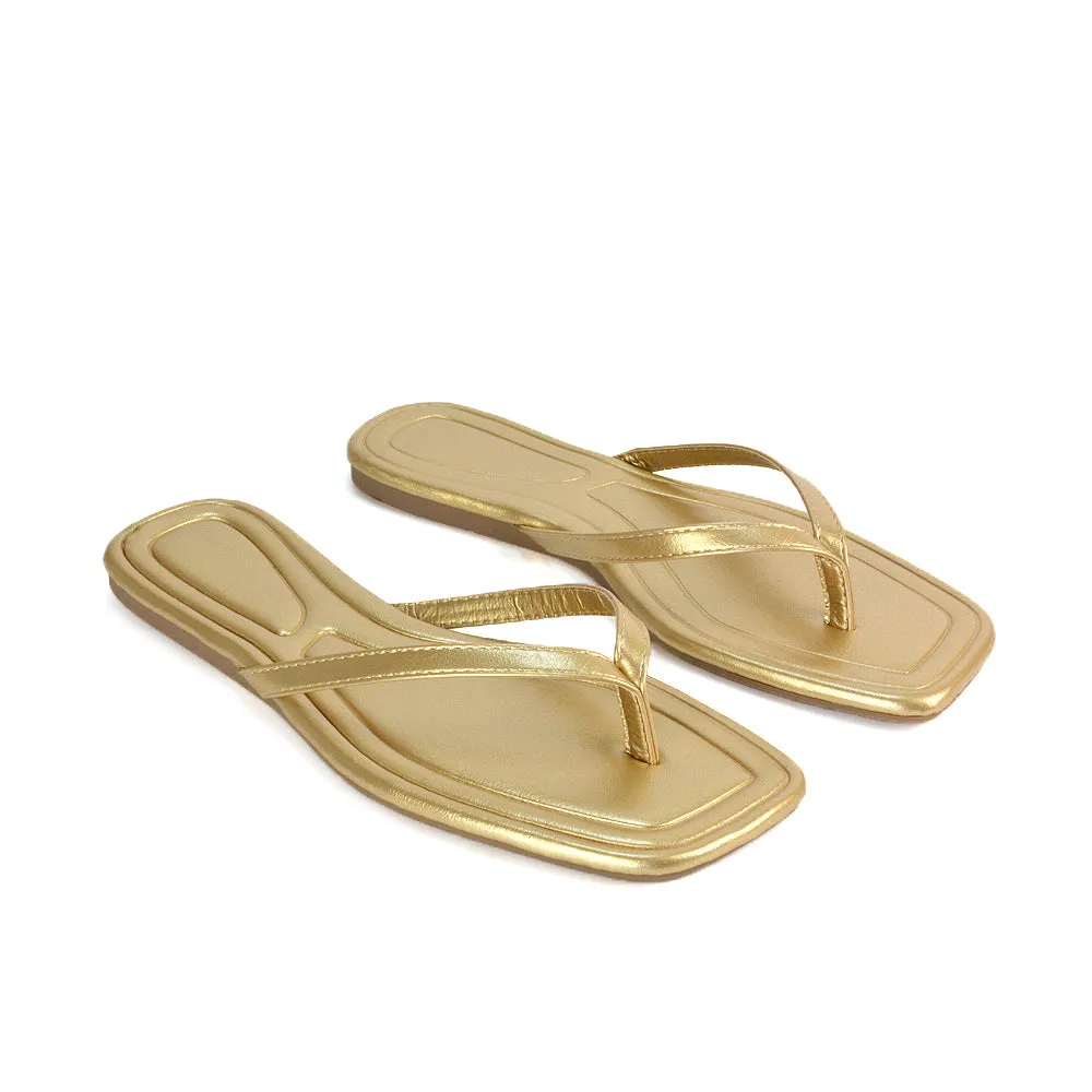 Rosie Flip Flop Square Toe Slip On Summer Flat Sandal Slides in Gold sold by XYlondon