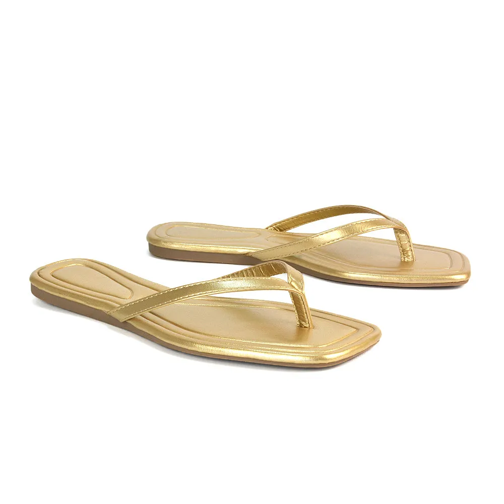 Rosie Flip Flop Square Toe Slip On Summer Flat Sandal Slides in Gold sold by XYlondon product image thumbnail 2