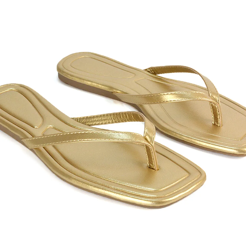 Rosie Flip Flop Square Toe Slip On Summer Flat Sandal Slides in Gold sold by XYlondon product image thumbnail 5