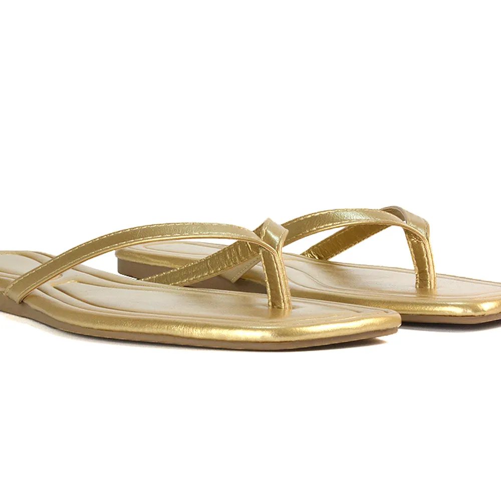 Rosie Flip Flop Square Toe Slip On Summer Flat Sandal Slides in Gold sold by XYlondon product image thumbnail 3