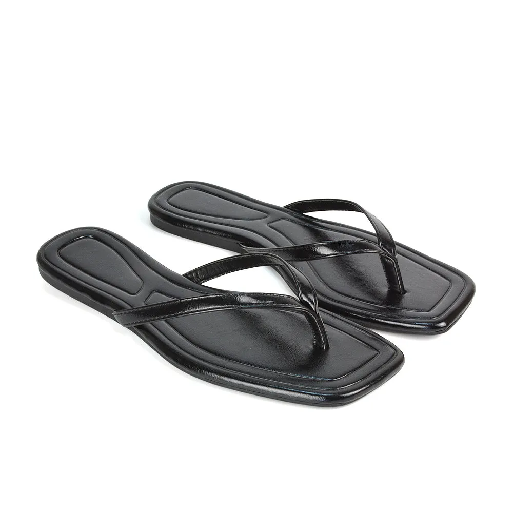 Rosie Flip Flop Square Toe Slip On Summer Flat Sandal Slides in Black sold by XYlondon
