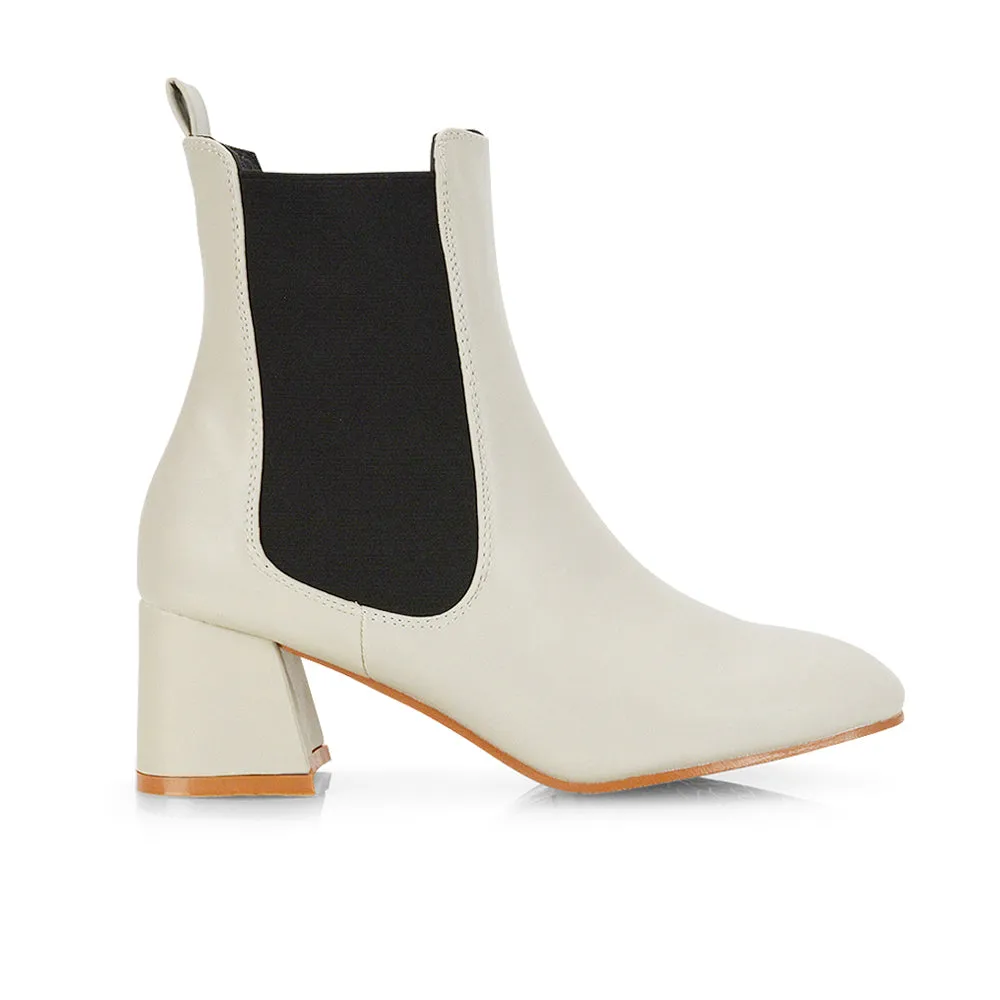 Anabella Slip on Elasticated Mid-Block Heel Chelsea Ankle Boots in Stone sold by XYlondon
