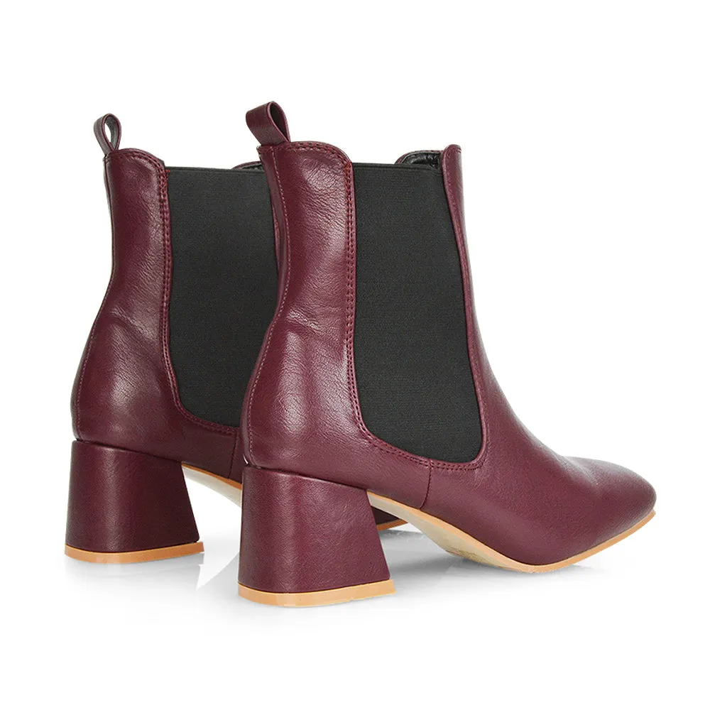 Anabella Square Toe Slip on Elasticated Mid-Block Heel Chelsea Ankle Boots in Burgandy sold by XYlondon product image thumbnail 5