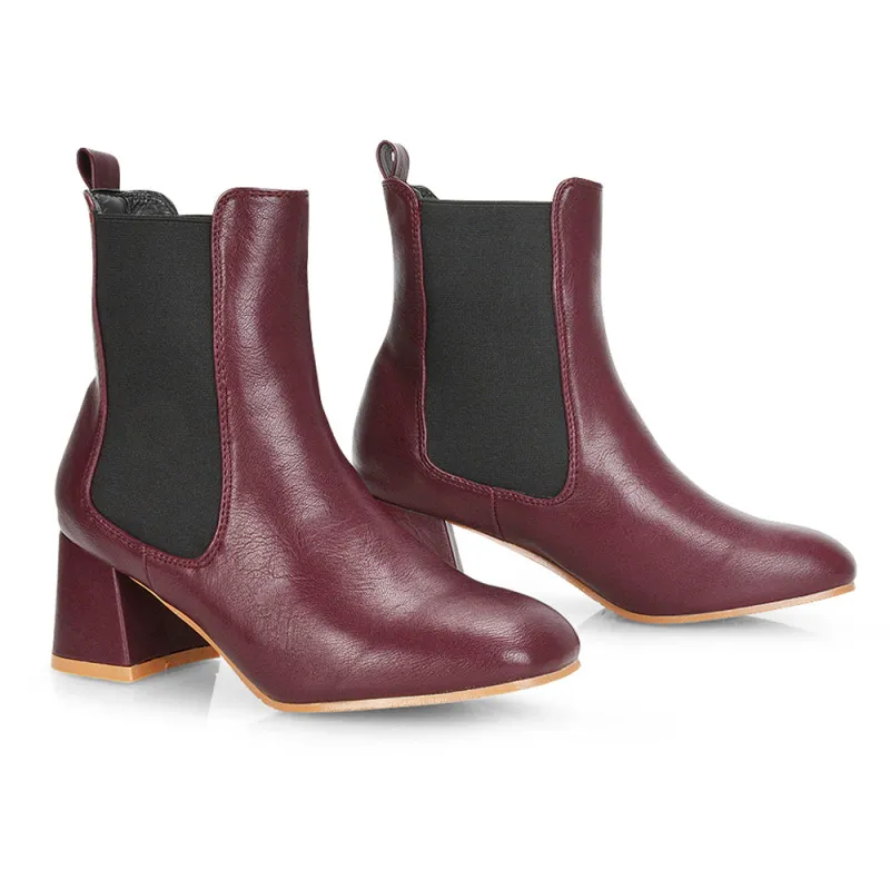 Anabella Square Toe Slip on Elasticated Mid-Block Heel Chelsea Ankle Boots in Burgandy sold by XYlondon