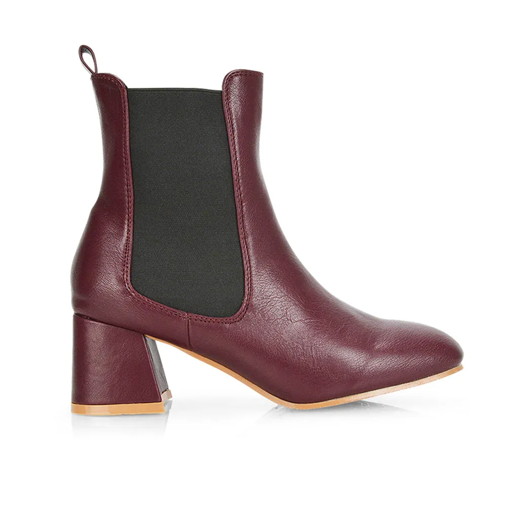 Anabella Square Toe Slip on Elasticated Mid-Block Heel Chelsea Ankle Boots in Burgandy sold by XYlondon product image thumbnail 3