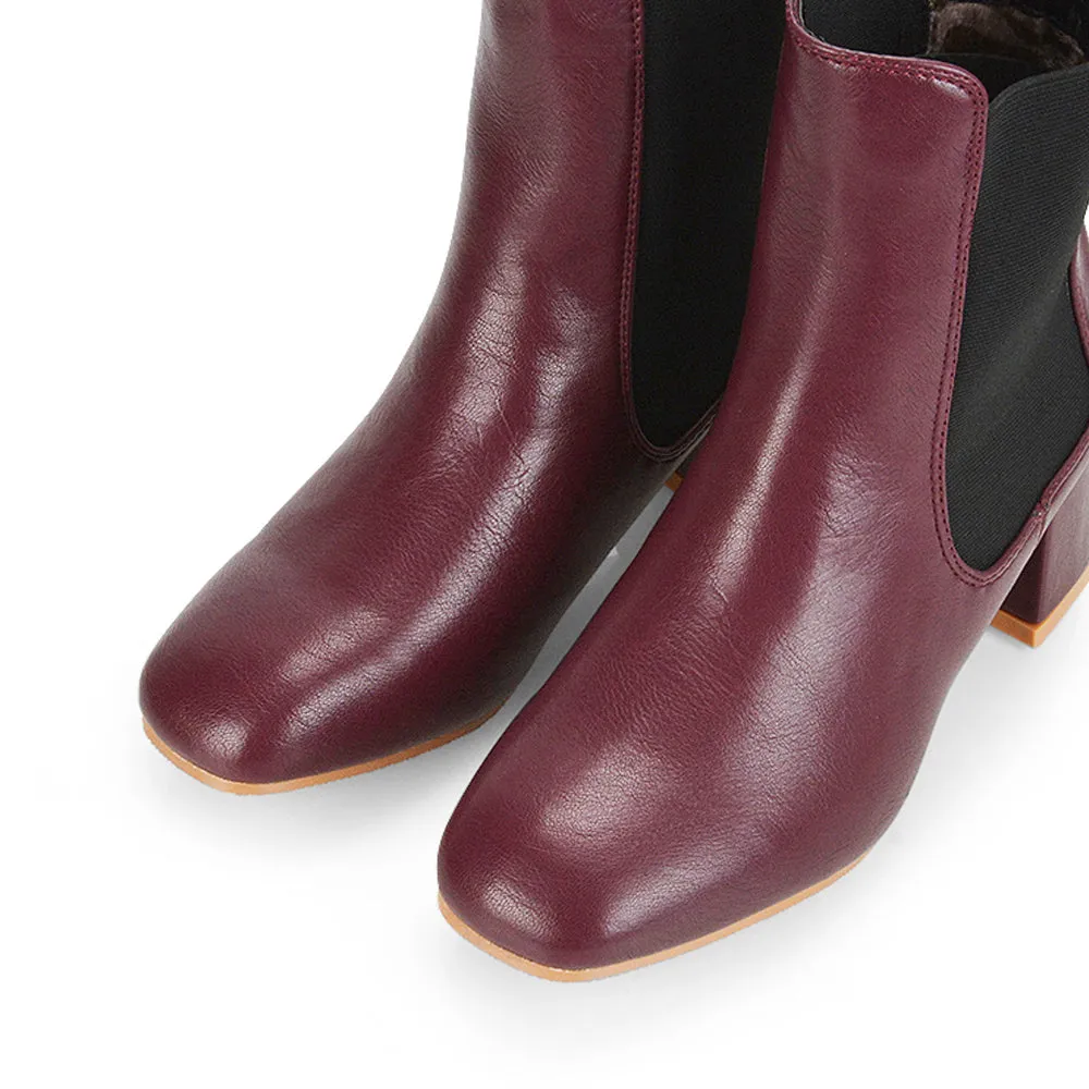 Anabella Square Toe Slip on Elasticated Mid-Block Heel Chelsea Ankle Boots in Burgandy sold by XYlondon product image thumbnail 4