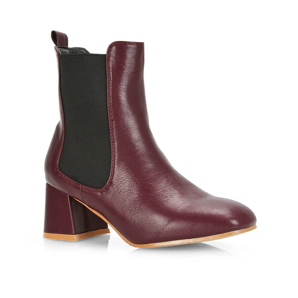 Anabella Square Toe Slip on Elasticated Mid-Block Heel Chelsea Ankle Boots in Burgandy sold by XYlondon product image thumbnail 2