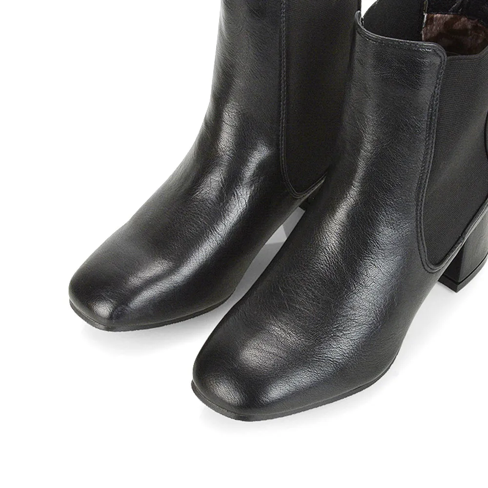 Anabella Square Toe Slip on Elasticated Mid-Block Heel Chelsea Ankle Boots in Black PU sold by XYlondon product image thumbnail 4