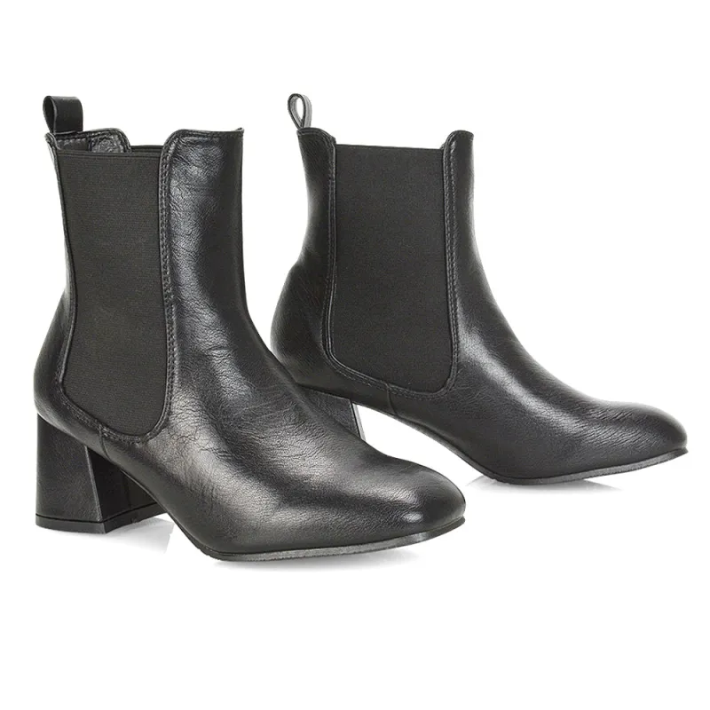 Anabella Square Toe Slip on Elasticated Mid-Block Heel Chelsea Ankle Boots in Black PU sold by XYlondon