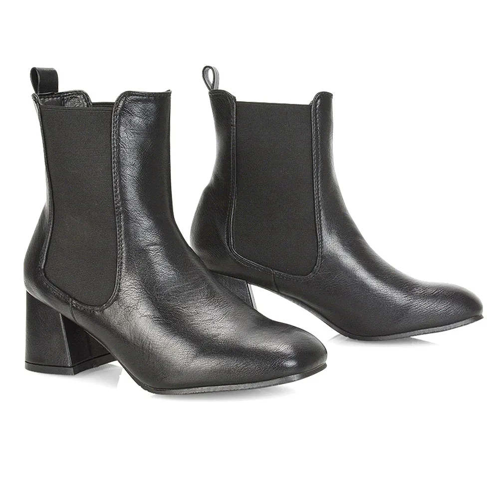 Anabella Square Toe Slip on Elasticated Mid-Block Heel Chelsea Ankle Boots in Black PU sold by XYlondon
