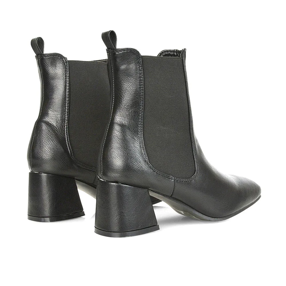 Anabella Square Toe Slip on Elasticated Mid-Block Heel Chelsea Ankle Boots in Black PU sold by XYlondon product image thumbnail 5