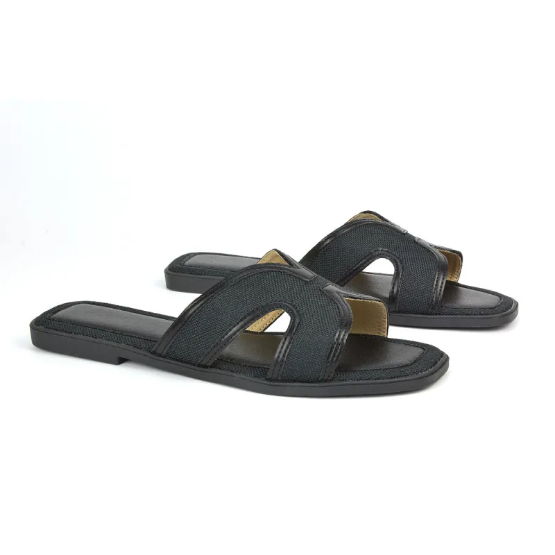 Isabella Slip On Cut Out Square Toe Flat Sandal Slides in Black sold by XYlondon